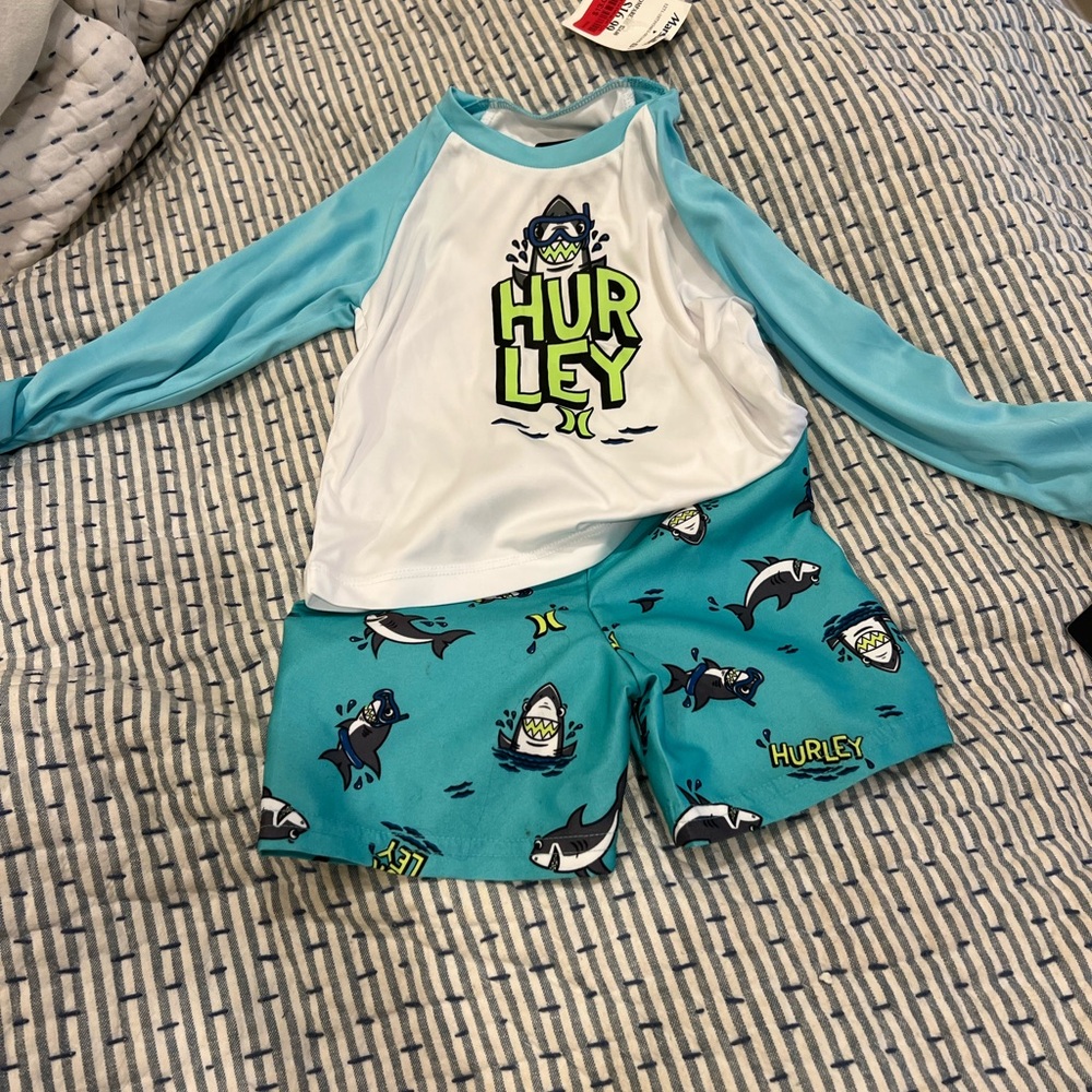 Hurley Kids' Blue and White Rash Guard swim Set